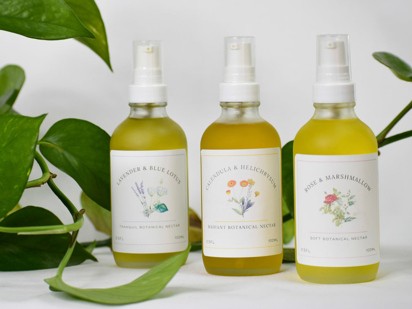 Three small botanical pump bottles with white labels and clear caps, filled with pale yellow liquid, arranged on a white surface with green leaves around them. The labels read Lavender & Blue Lotus, Lavandula & Helichrysum, and Rose & Marshmallow.